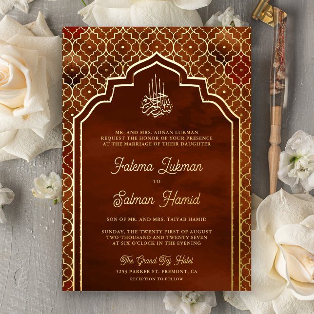 Rust Orange marokkanische Arch Muslim Wedding Gold Folieneinladung (Von Creator hochgeladen)