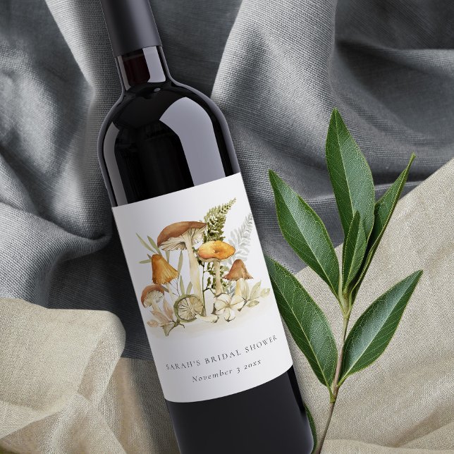 Rust Orange Mushroom Fern Foliage Brautparty Weinetikett (Von Creator hochgeladen)