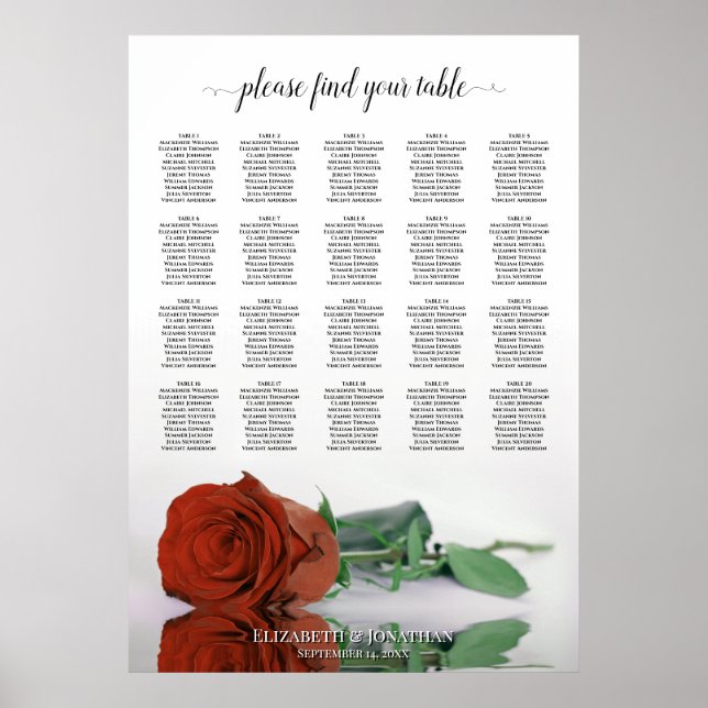 Rust Orange Rose 20 Tabelle Hochzeitstabelle Poster (Vorne)