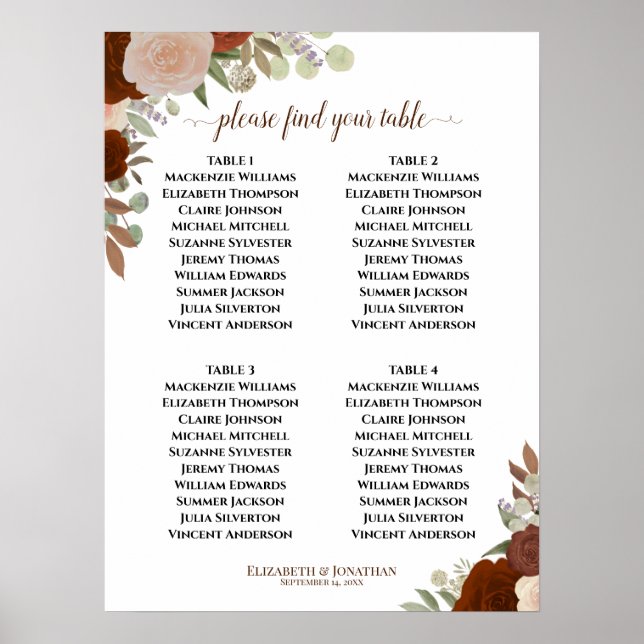 Rust Orange Rose 4 Tabelle Hochzeitstabelle Poster (Vorne)