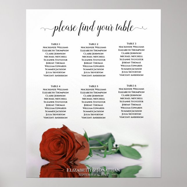 Rust Orange Rose 6 Tabelle Hochzeitstabelle Poster (Vorne)