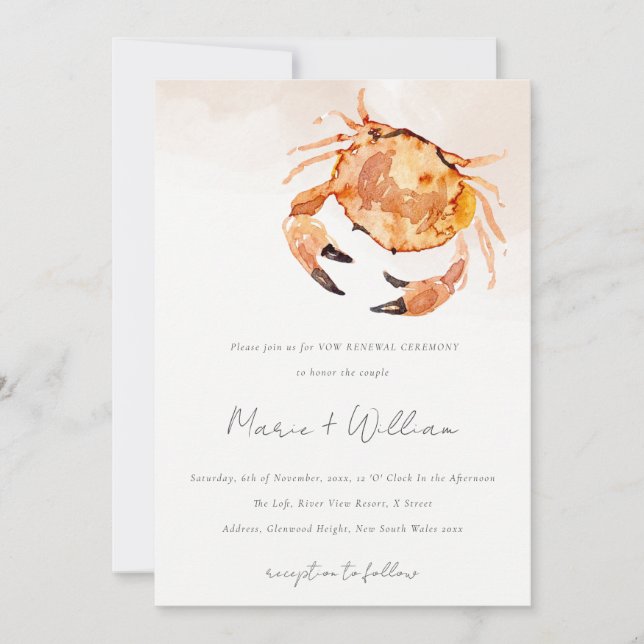 Rust Orange Sand Coastal Crab Nautical Vow Erneuer Einladung (Vorderseite)