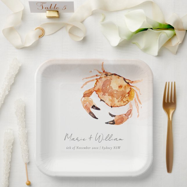 Rust Orange Sand Coastal Crab Nautical Wedding Pappteller (Hochzeit)