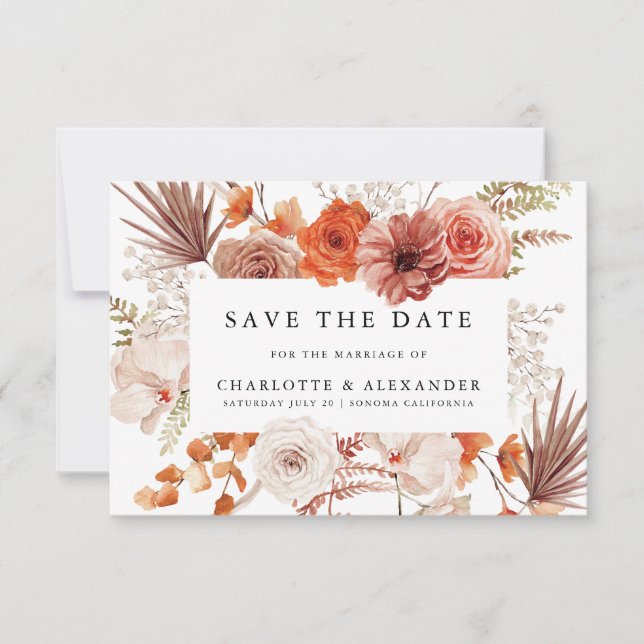 Rust Orange Terracotta Floral Palmetto Wedding Save The Date (Vorderseite)