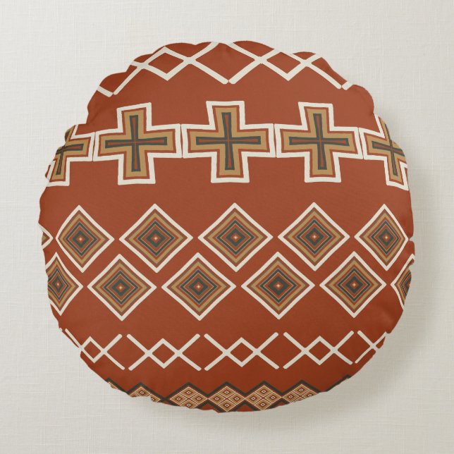 Rust Orange Tribal Muster Rundes Kissen (Vorderseite)