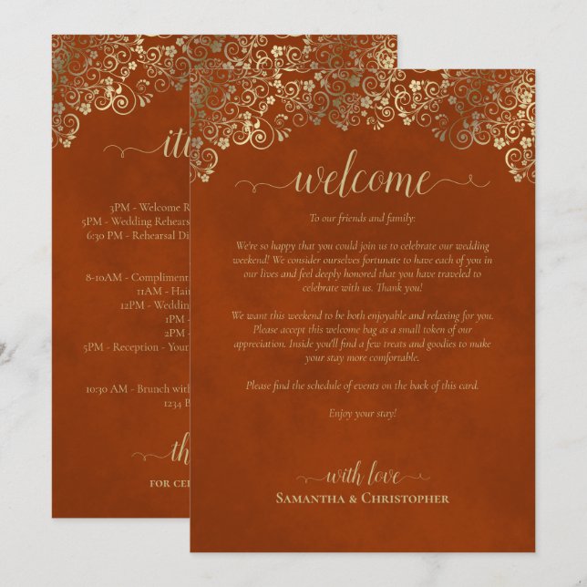 Rust Orange und Gold Hochzeits Willkommen und Zeit Programm (Vorne/Hinten)
