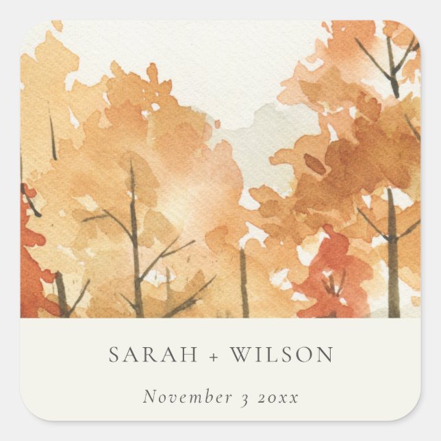 Rust Orange Yellow Herbst Herbstbaum Hochzeit Quadratischer Aufkleber (Vorderseite)