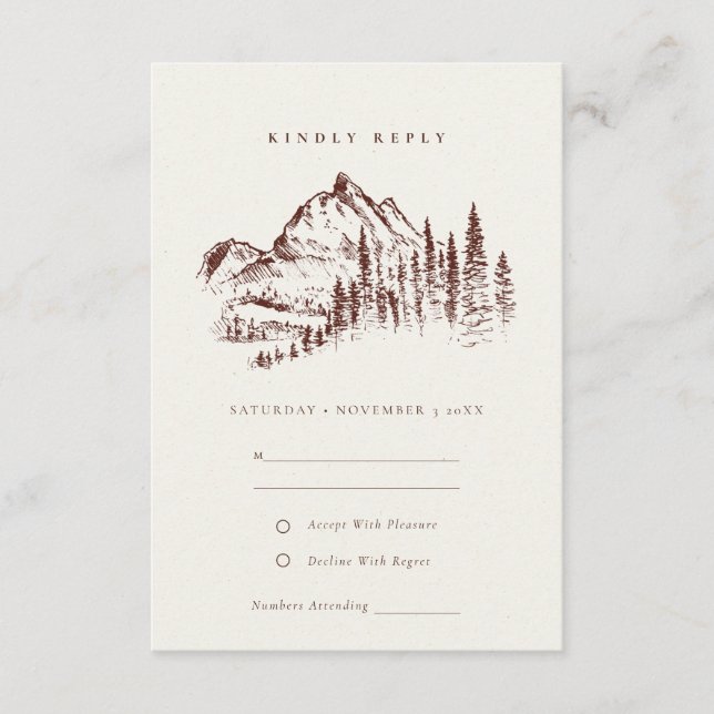 Rust Pine Woods Mountain Sketch Wedding RSVP Begleitkarte (Vorderseite)