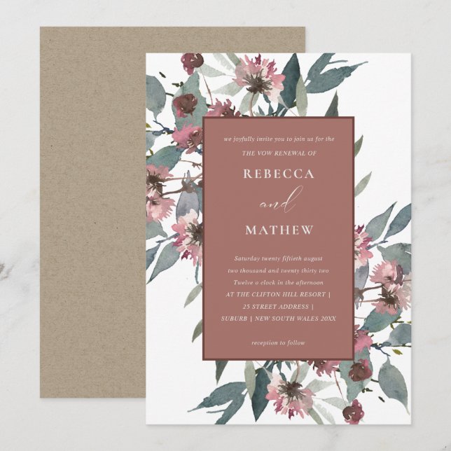 RUST PINK EUCALYPTUS FLORAL VOW RENEWITE INVITE DANKESKARTE (Vorne/Hinten)