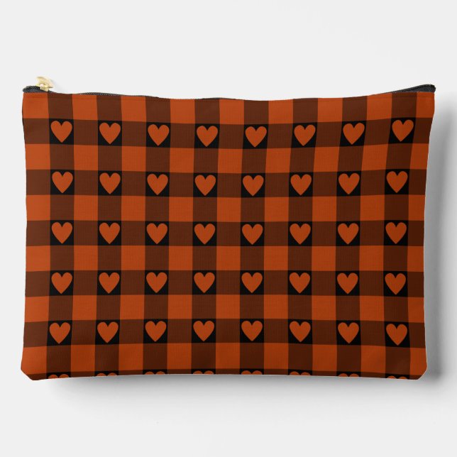 Rust Red Black Buffalo Heart Plaid Zubehörtasche (Vorderseite)