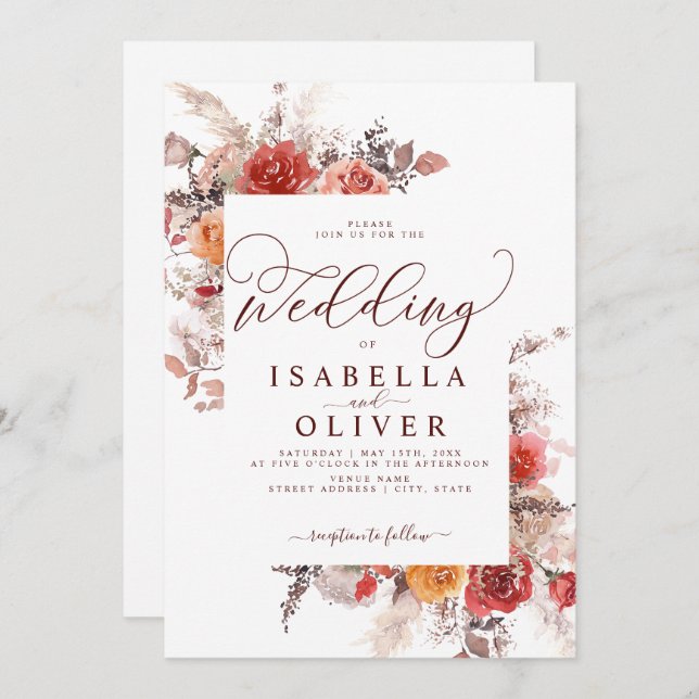 Rust Red Burnt Orange BohoTerracotta Wedding Invit Einladung (Vorne/Hinten)