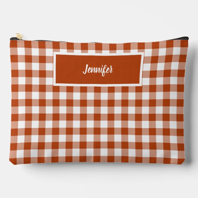 Rust Red Plaid Gingham Personalized Zubehörtasche (Vorderseite)