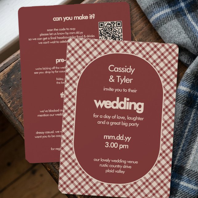 Rust-Rot Karo QR-Code Hochzeit Alles in Einem Einladung (All in One wedding invitation from the Rustic Red Plaid Western Wedding Suite by Darling & May)