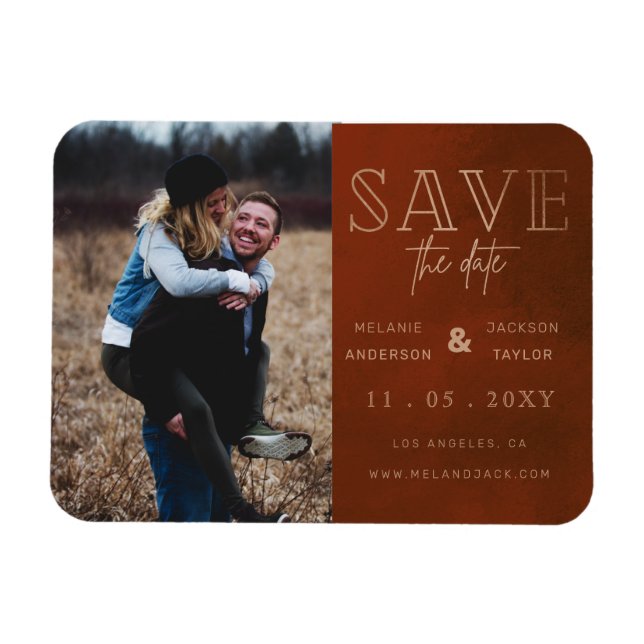 Rust Stylish Handgeschriebenes Foto Save the Date Magnet (Horizontal)