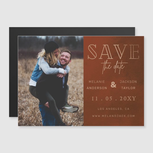Rust Stylish Handgeschriebenes Foto Save the Date Magneteinladung (Vorne/Hinten)