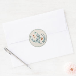 Rust Teal Western Horseshoe Wedding Monogram Runder Aufkleber