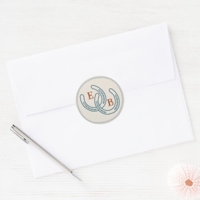 Rust Teal Western Horseshoe Wedding Monogram Runder Aufkleber (Umschlag)