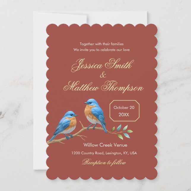 Rust Terracotta Bluebirds Goldene Script Hochzeit Einladung (Vorderseite)
