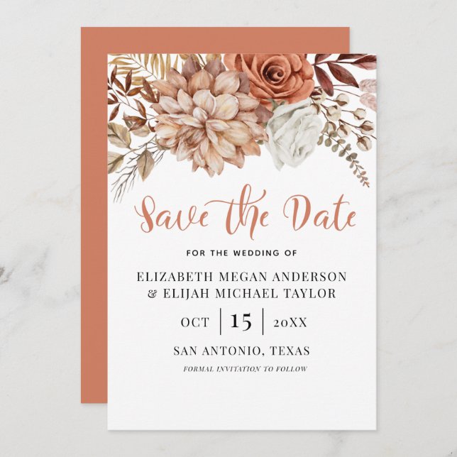 Rust Terracotta Fall Boho Floral Save the Date Einladung (Vorne/Hinten)