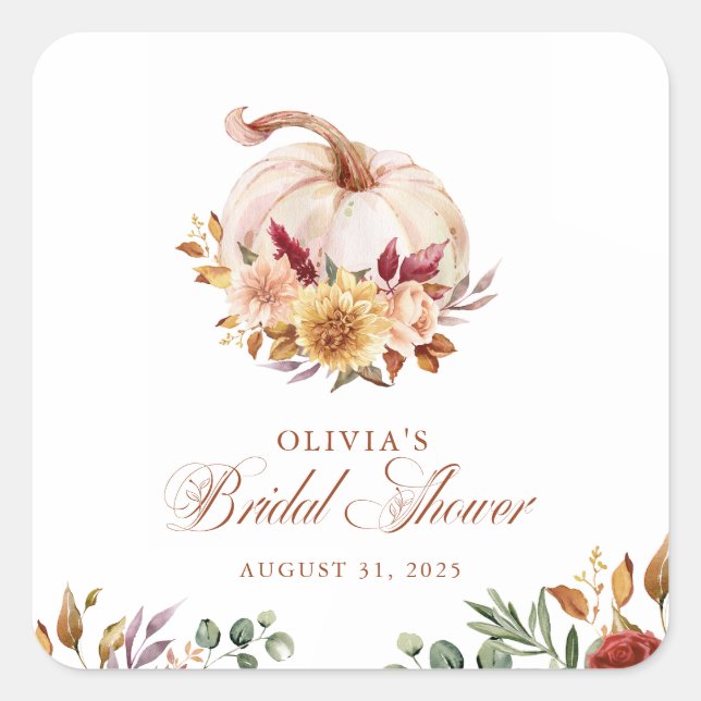 Rust Terracotta Floral Pampas Grass und Pumpkin Quadratischer Aufkleber (Vorderseite)