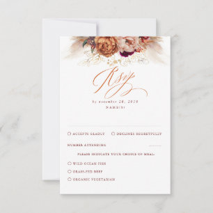 Rust Terracotta Floral Pampas Grass Wedding RSVP Karte