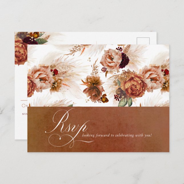 Rust Terracotta Floral Pampas Grass Wedding RSVP Postkarte (Vorne/Hinten)