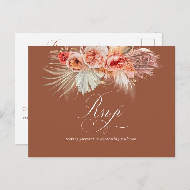 Rust Terracotta Floral Pampas Grass Wedding RSVP Postkarte (Vorne/Hinten)