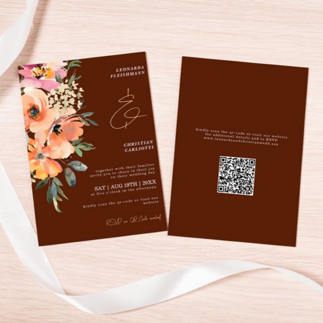 Rust Terracotta Floral QR Code Wedding Einladung (Von Creator hochgeladen)