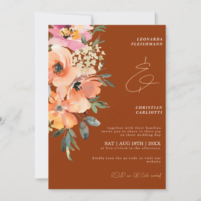 Rust Terracotta Floral QR Code Wedding Einladung (Vorderseite)