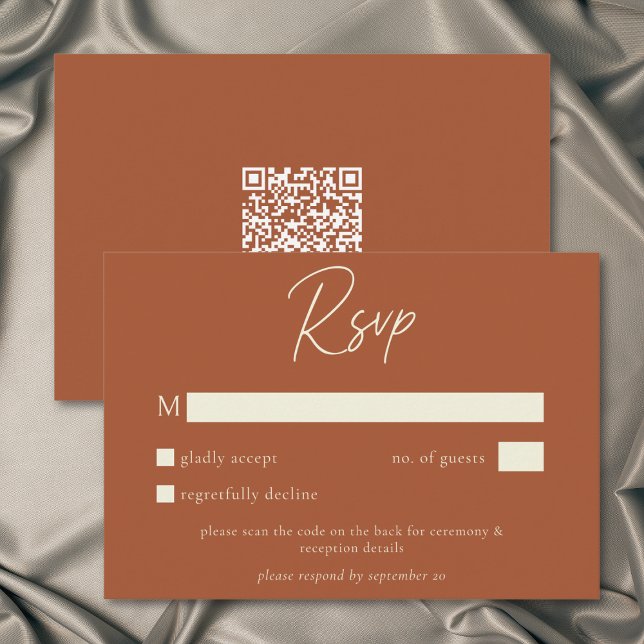 Rust Terrakotta Minimalist Hochzeit im Herbst QR C RSVP Karte (Rust Terracotta Minimalist Fall Wedding QR Code RSVP Card)