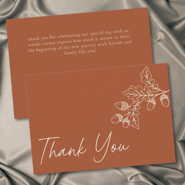 Rust Terrakotta Minimalist Leaf Eichel Hochzeit Dankeskarte (Rust Terracotta Minimalist Leaf Acorn Fall Wedding Thank You Card)