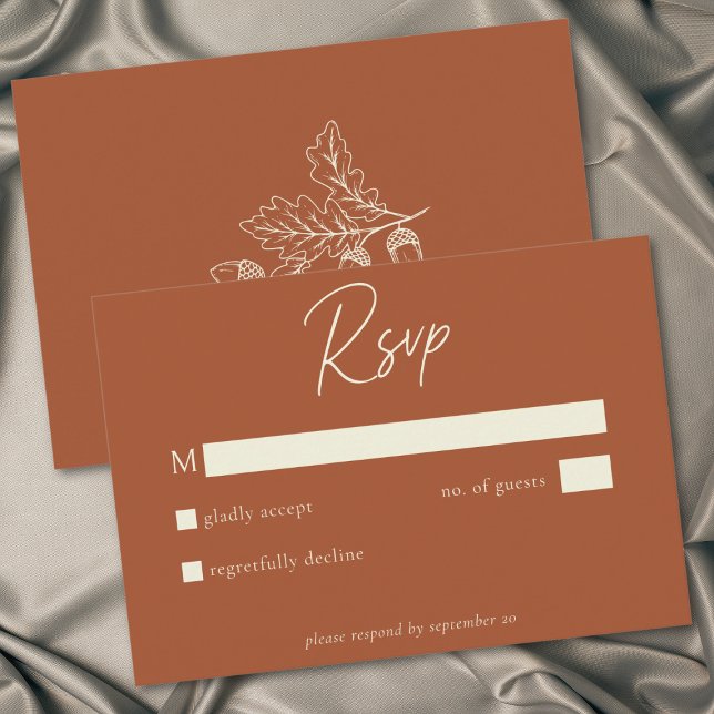 Rust Terrakotta Minimalist Leaf Eichel Hochzeit RSVP Karte (Rust Terracotta Minimalist Leaf Acorn Fall Wedding RSVP Card)