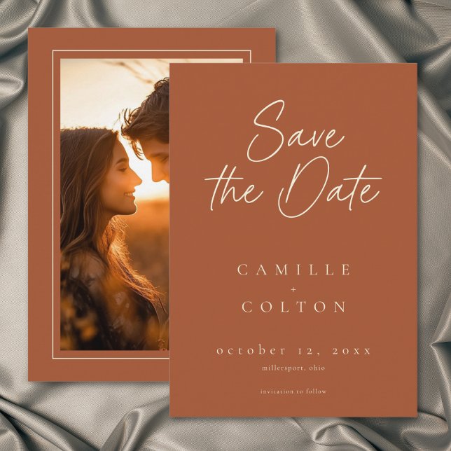 Rust Terrakotta Minimalistische Hochzeitsfotos Save The Date (Rust Terracotta Minimalist Wedding Photo Save The Date)