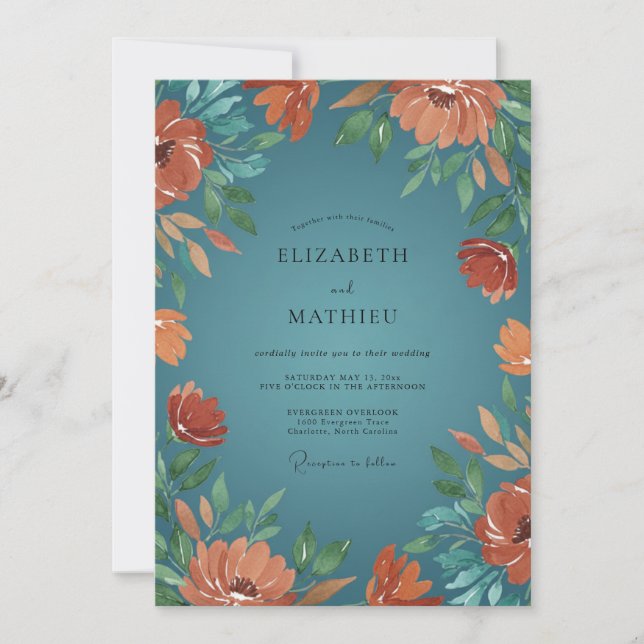 Rust-Türkis-Wildflower-Hochzeit Einladung (Vorderseite)