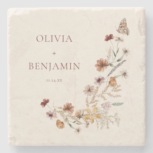 Rust-Wildblumen-Boho-Personalisiertes-Hochzeitsand Steinuntersetzer (Vorderseite)