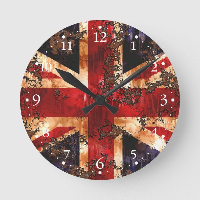 Rusted Patriotic United Kingdom Flag Runde Wanduhr (Vorderseite)