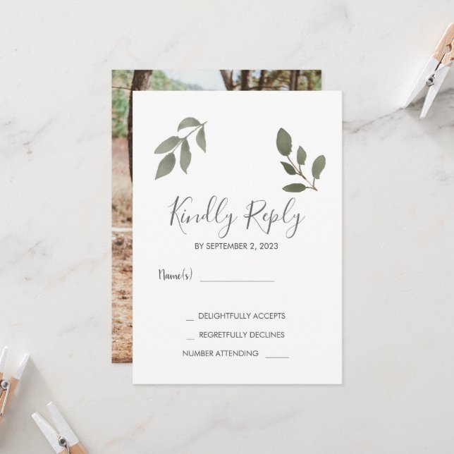 Rusti elegante botanische Blätter Foto Wedding RSV Einladung (Vorderseite/Rückseite Beispiel)