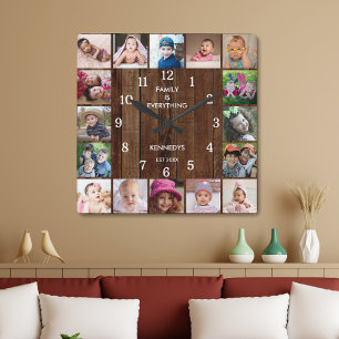 Rustic 16 Photo Collage Family Quote Pallet Wood  Quadratische Wanduhr