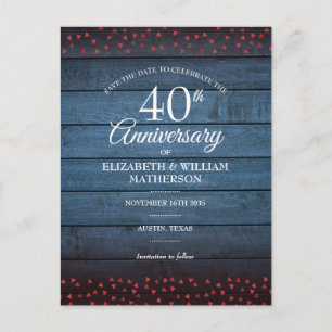 Rustic 40th Anniversary Save the Date Ruby-Herzen Postkarte