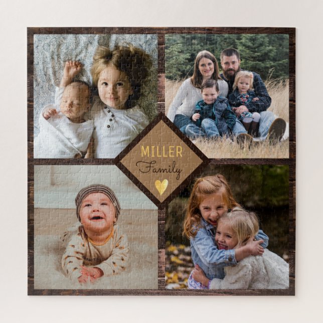 Rustic 4 Foto Collage Familienname Holz Puzzle (Vertikal)