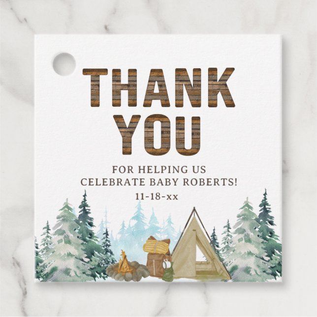 Rustic A Little Camper Baby Shower Favors Geschenkanhänger (Vorderseite)