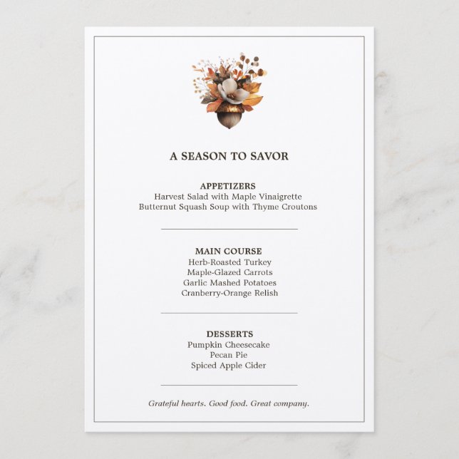 Rustic Acorn Floral White Thanksgiving Dinner Menu Menükarte (Vorderseite)