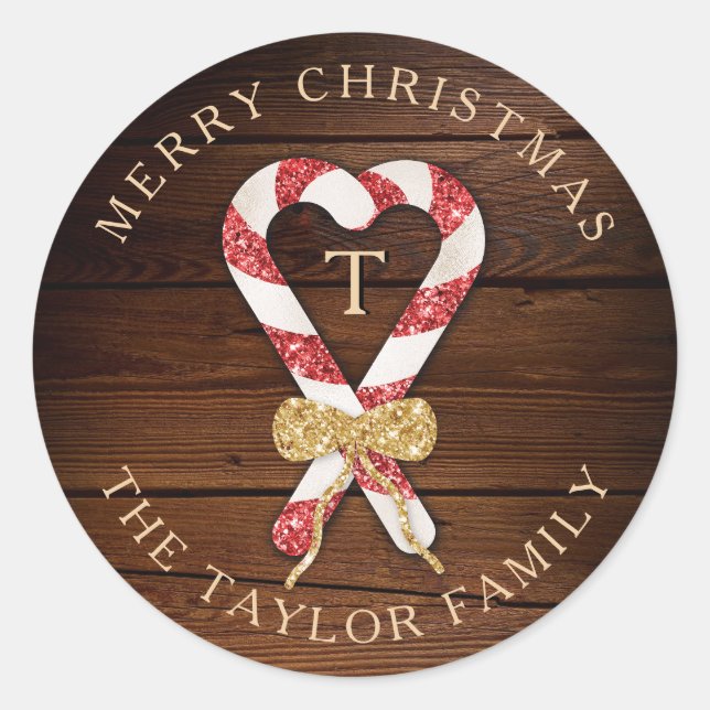 Rustic Add Name Monogram Frohe Weihnachten Runder Aufkleber (Vorderseite)