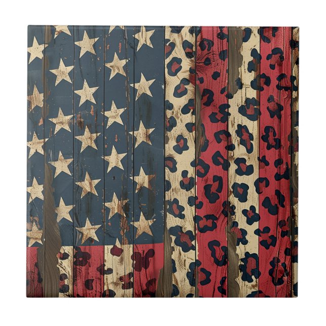 Rustic American Flag Leopard Print (1) Fliese (Vorderseite)