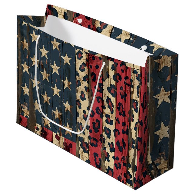 Rustic American Flag Leopard Print (1) Große Geschenktüte (Vorderseite Schrägansicht)