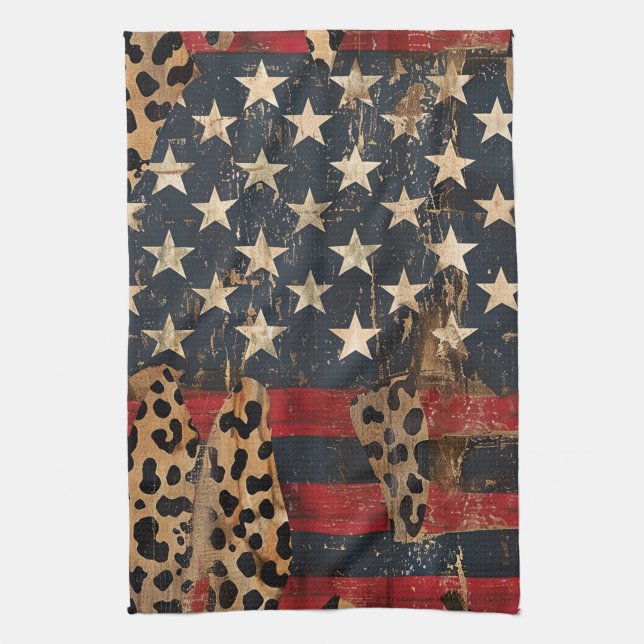 Rustic American Flag Leopard Print (3) Geschirrtuch (Vertikal)