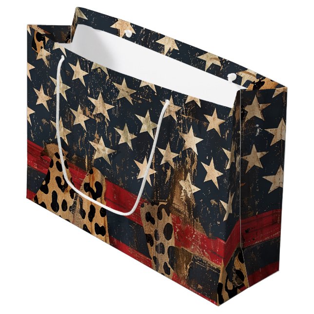 Rustic American Flag Leopard Print (3) Große Geschenktüte (Vorderseite Schrägansicht)