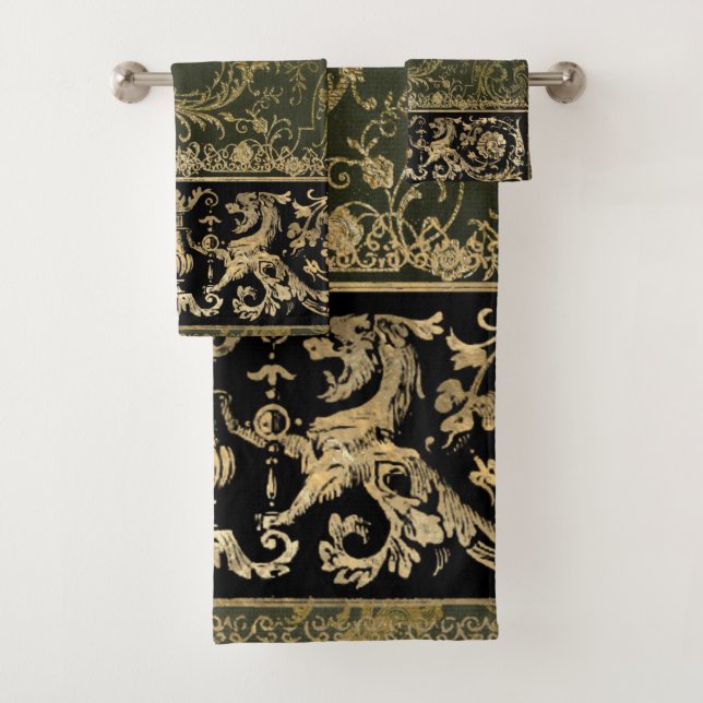 Rustic, antik, gothic, golden bronze, pattern, vi badhandtuch set (Insitu)