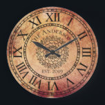 Rustic Antique Shabby Chic Vintage Roman Numeral Große Wanduhr<br><div class="desc">This beautiful, unique, one-of-a-kind personalized design features a faux-rust distressed vintage antique background with your own personalized family name in a bold font with your own year established. The clock face has bold roman numerals with a center of a unique mandala pattern. Personalize this clock by adding your personal information....</div>