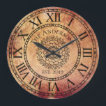 Rustic Antique Shabby Chic Vintage Roman Numeral Große Wanduhr<br><div class="desc">This beautiful, unique, one-of-a-kind personalized design features a faux-rust distressed vintage antique background with your own personalized family name in a bold font with your own year established. The clock face has bold roman numerals with a center of a unique mandala pattern. Personalize this clock by adding your personal information....</div>